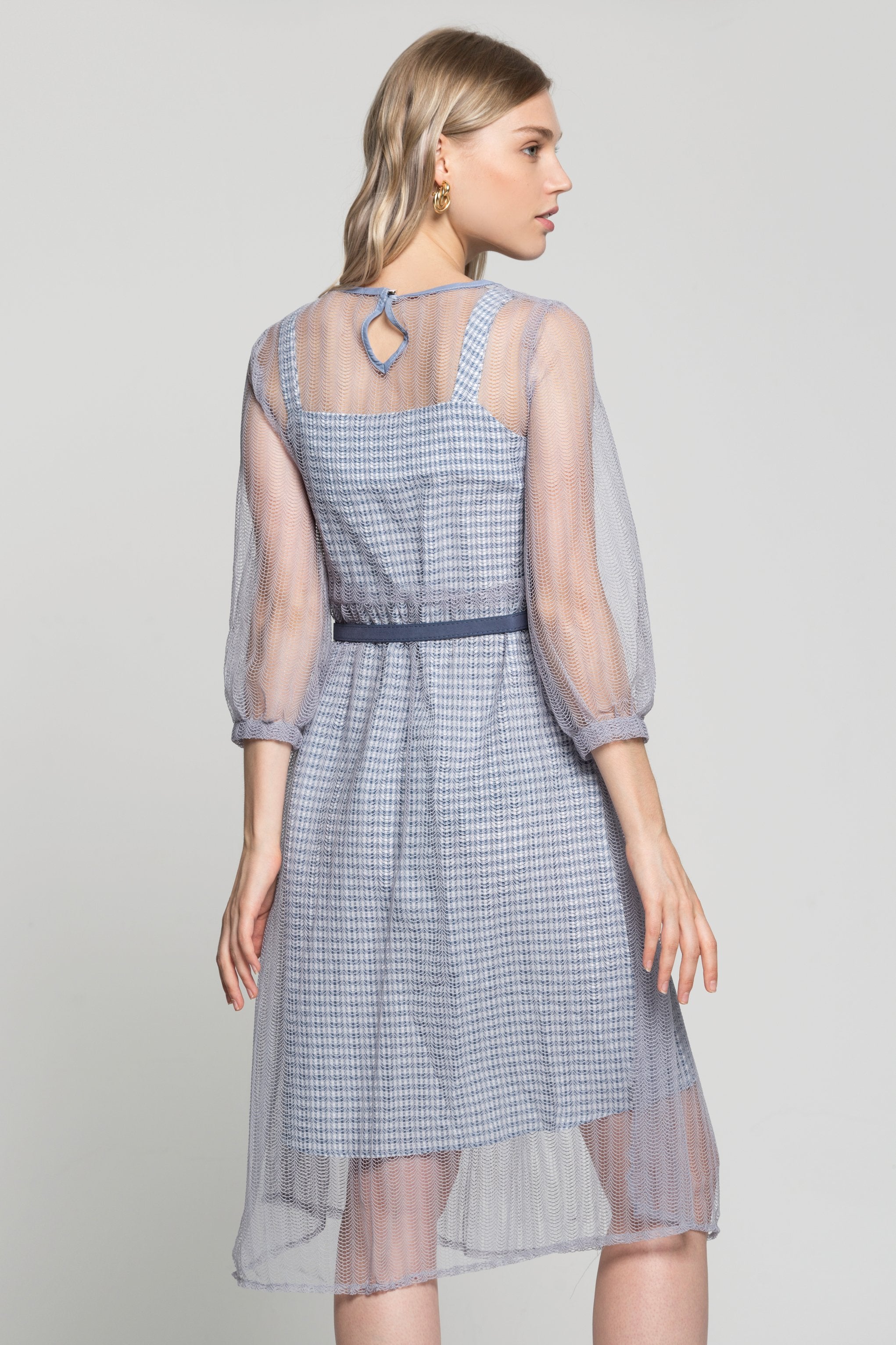 Lilac Sheer Sleeves Gingham Dress with Buckle Belt - ownthelooks-Development