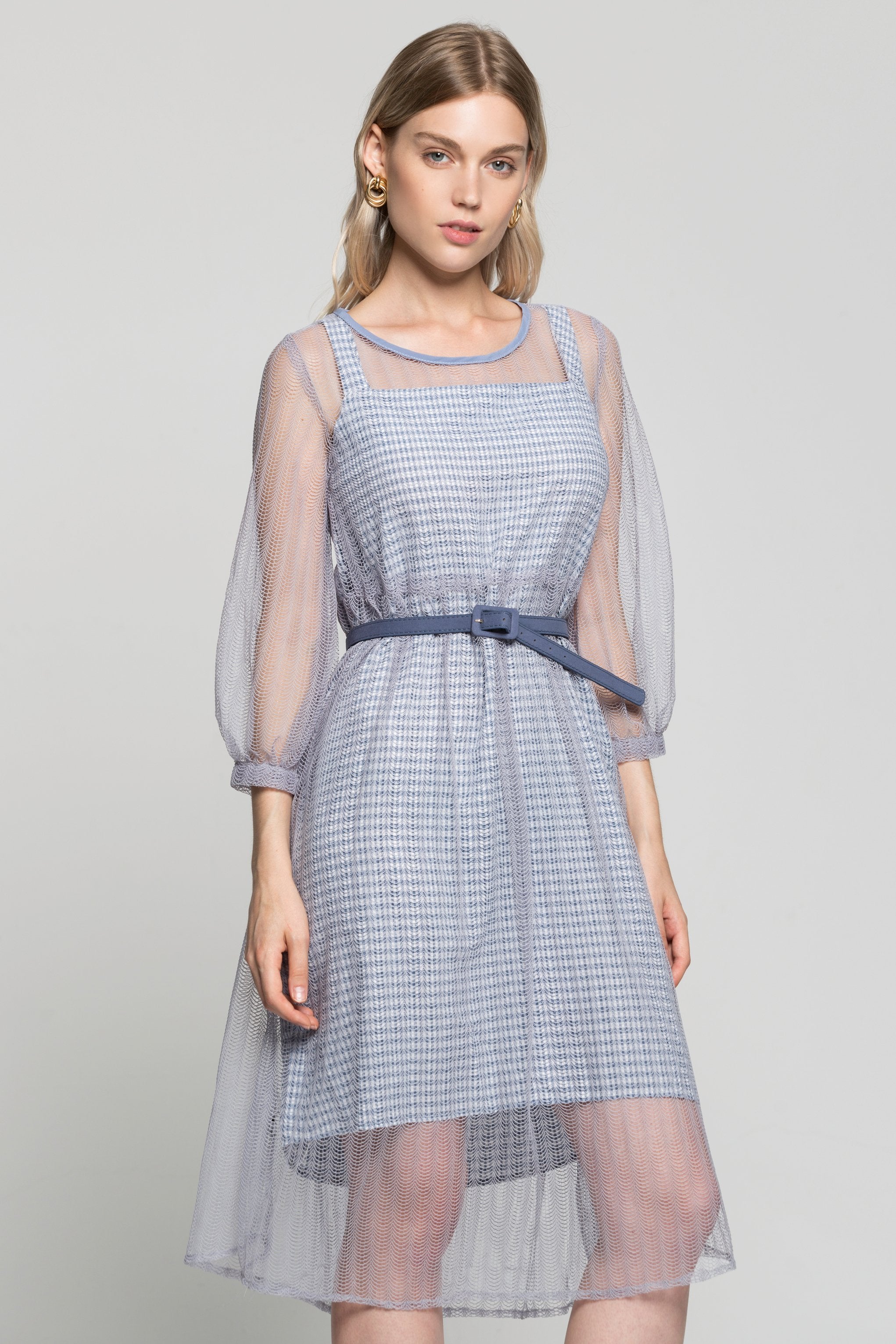 Lilac Sheer Sleeves Gingham Dress with Buckle Belt - ownthelooks-Development