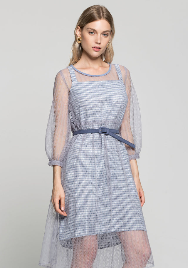 Lilac Sheer Sleeves Gingham Dress with Buckle Belt - ownthelooks-Development