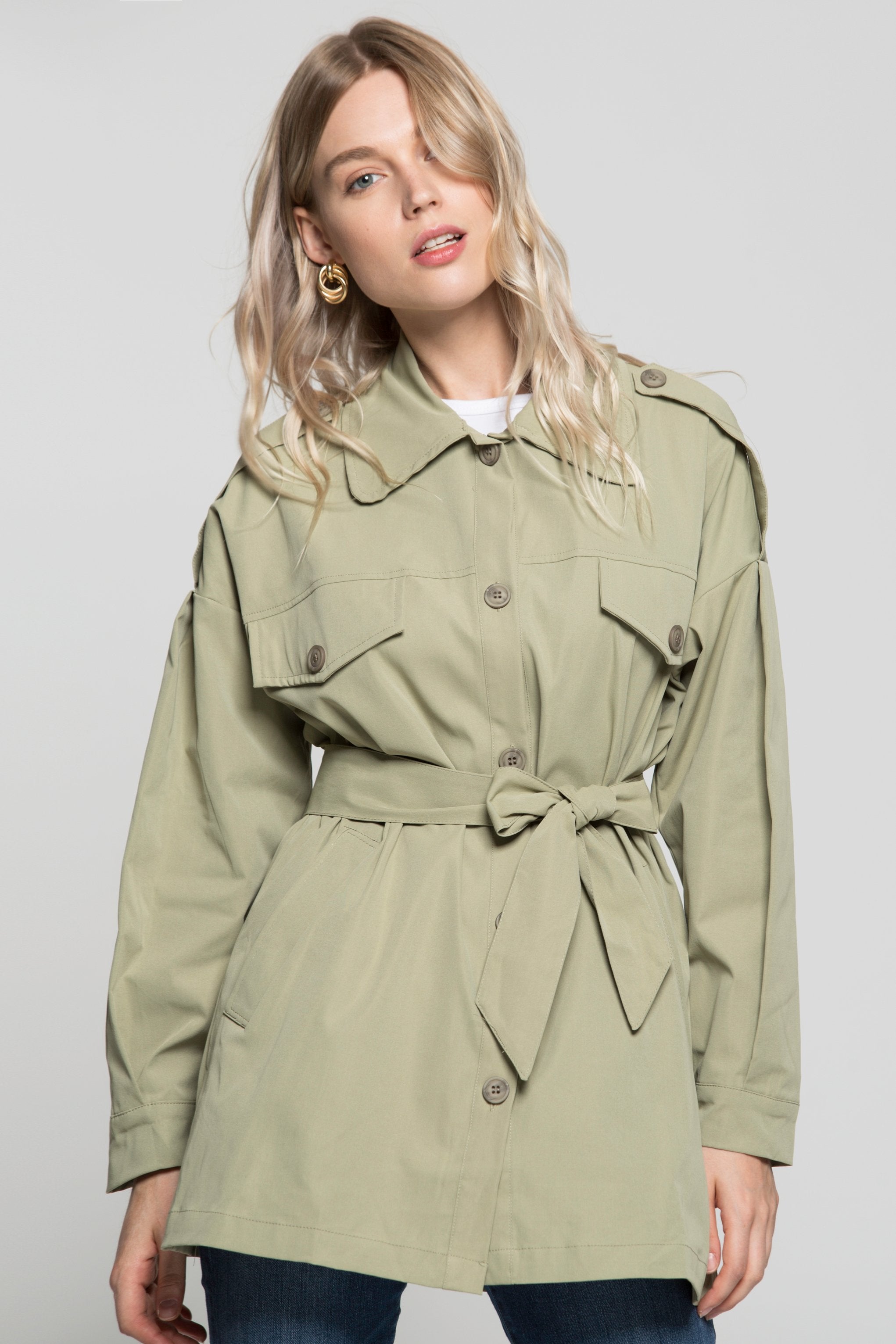 Olive Green Solid Jacket Dress and Tie Up Belt - ownthelooks-Development
