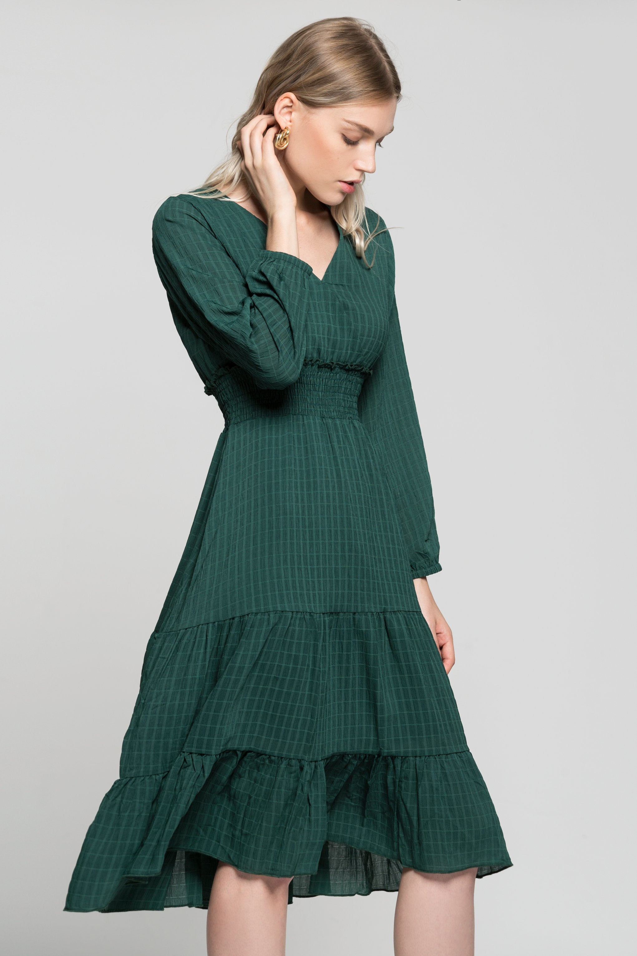 Pine Green Smocked Waist V-Neck Maxi Dress - ownthelooks-Development