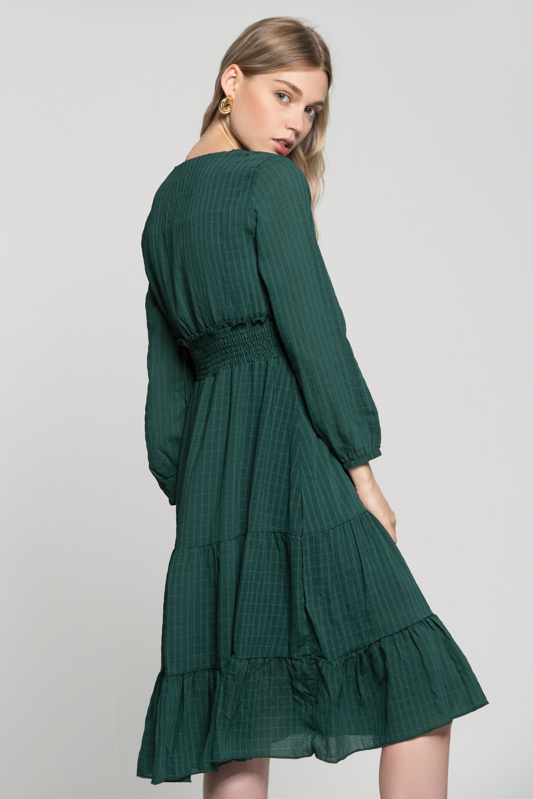 Pine Green Smocked Waist V-Neck Maxi Dress - ownthelooks-Development