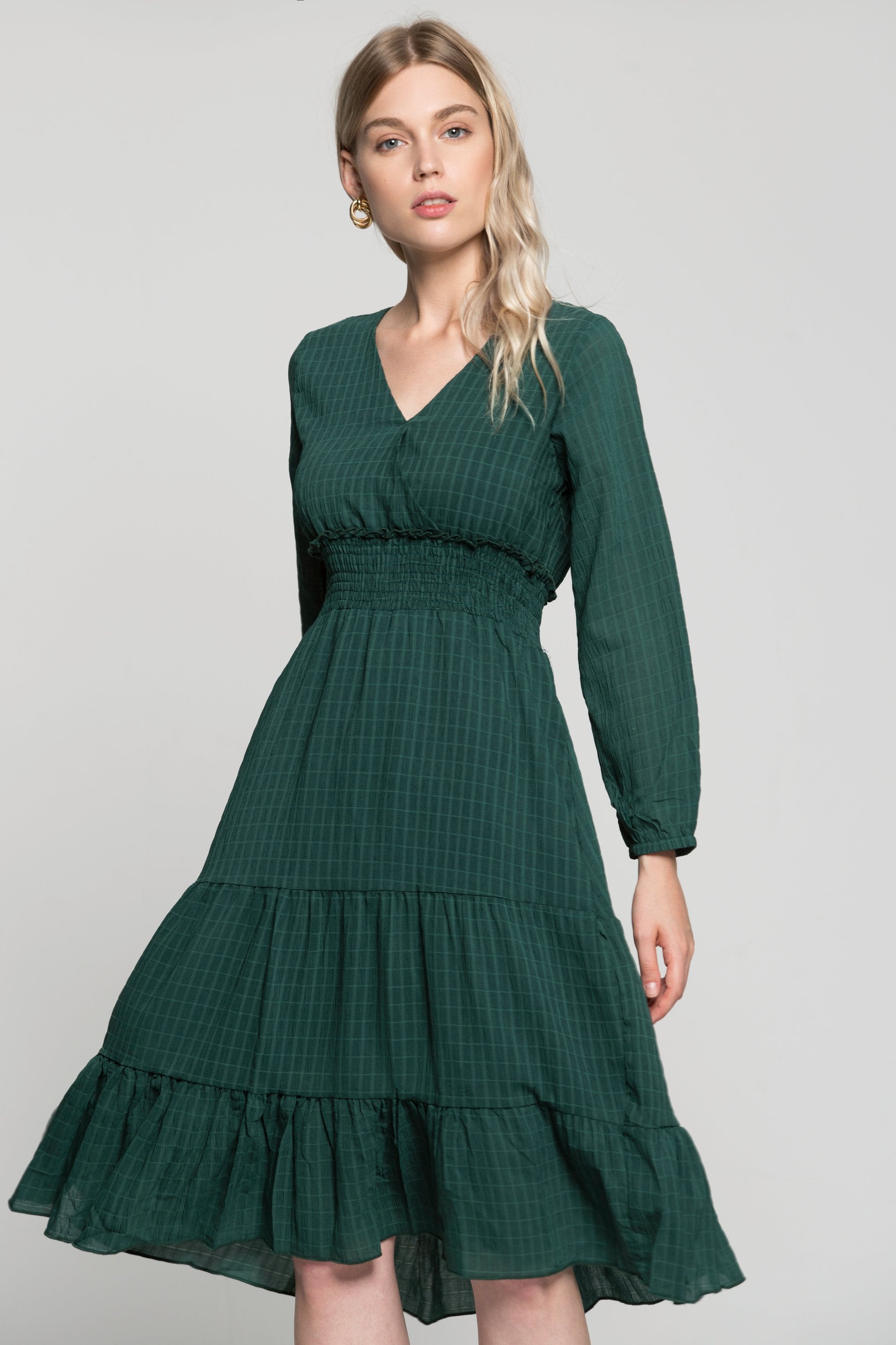 Pine Green Smocked Waist V-Neck Maxi Dress - ownthelooks-Development