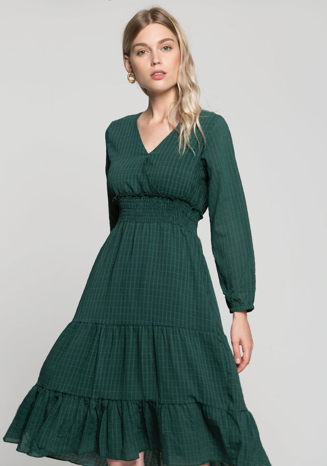 Pine Green Smocked Waist V-Neck Maxi Dress - ownthelooks-Development
