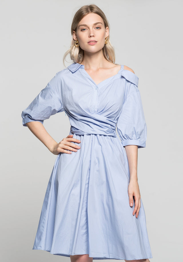 Powder Blue Pin Stripes Asymmetrical Sleeves Shirt Dress - ownthelooks-Development