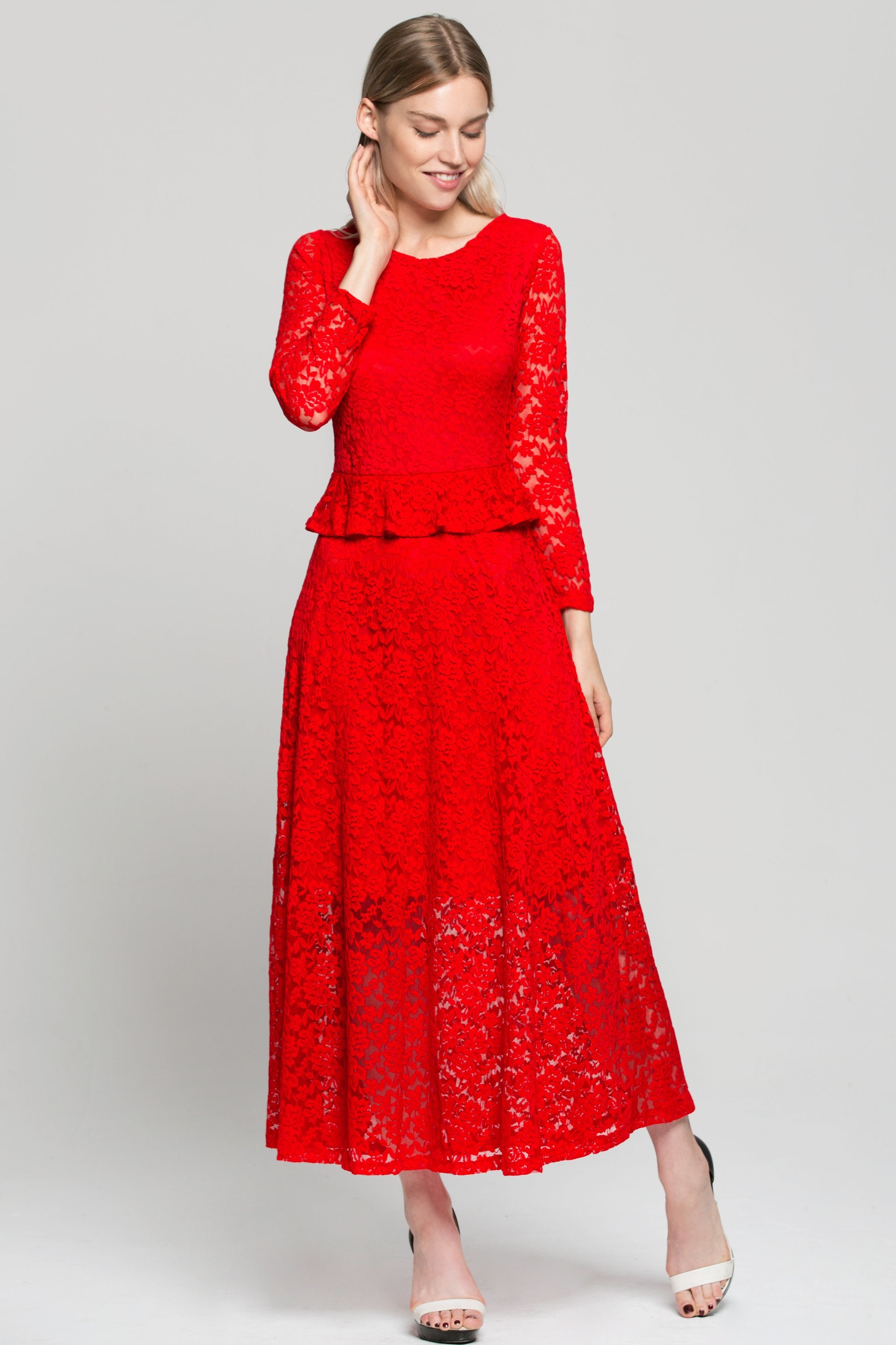 Red Floral Lace Peplum Maxi Dress - ownthelooks-Development