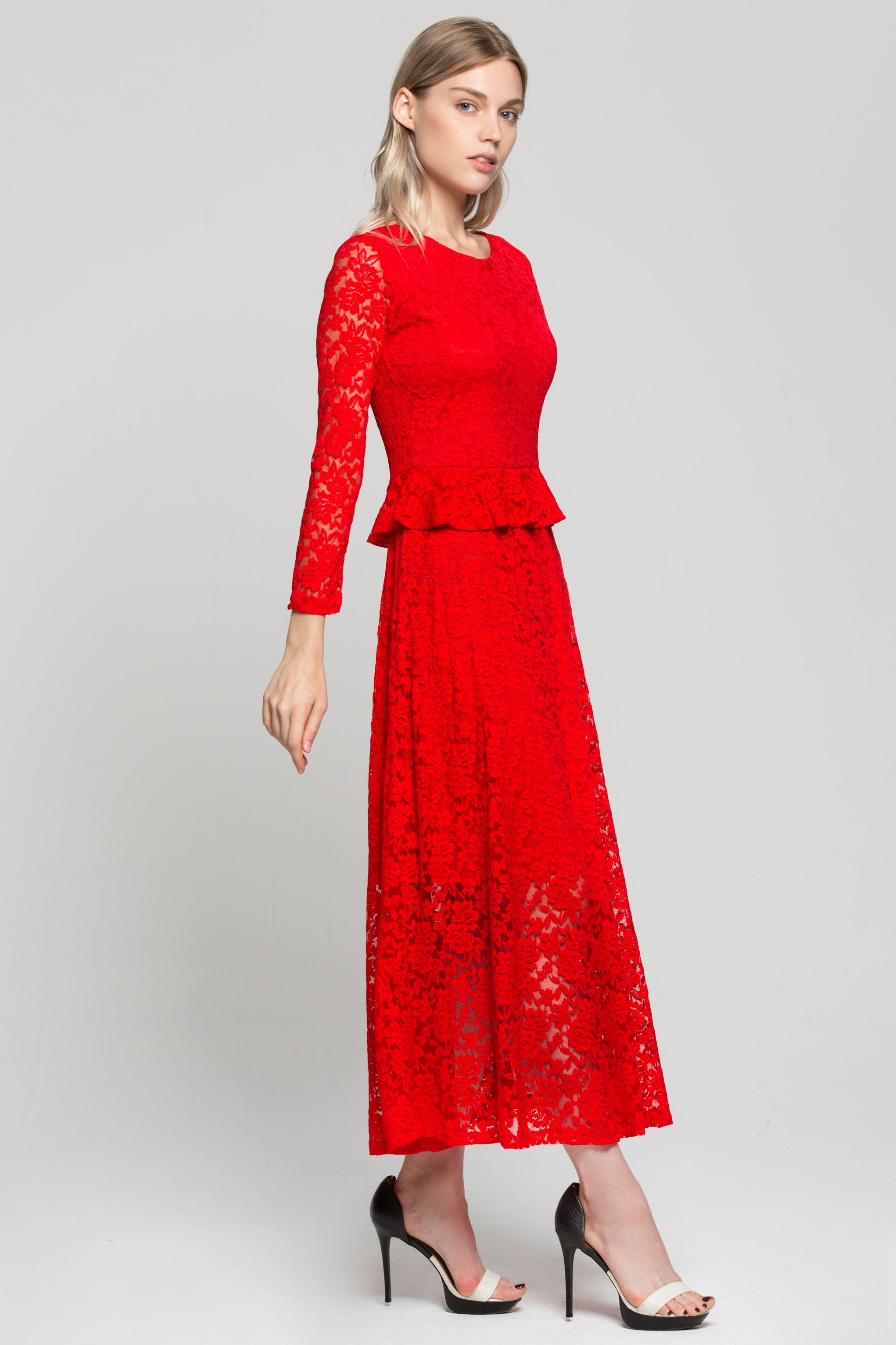 Red Floral Lace Peplum Maxi Dress - ownthelooks-Development