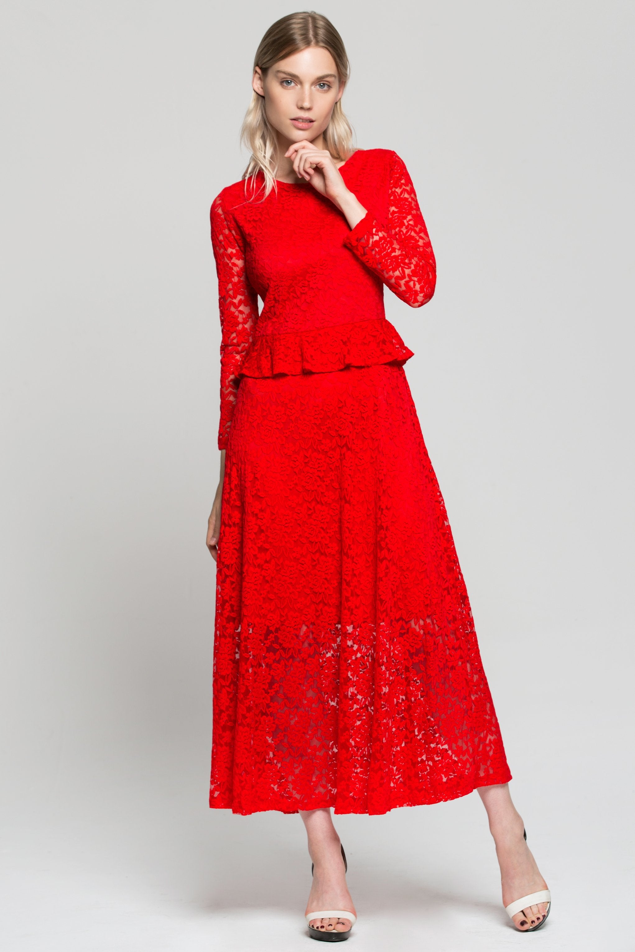 Red Floral Lace Peplum Maxi Dress - ownthelooks-Development