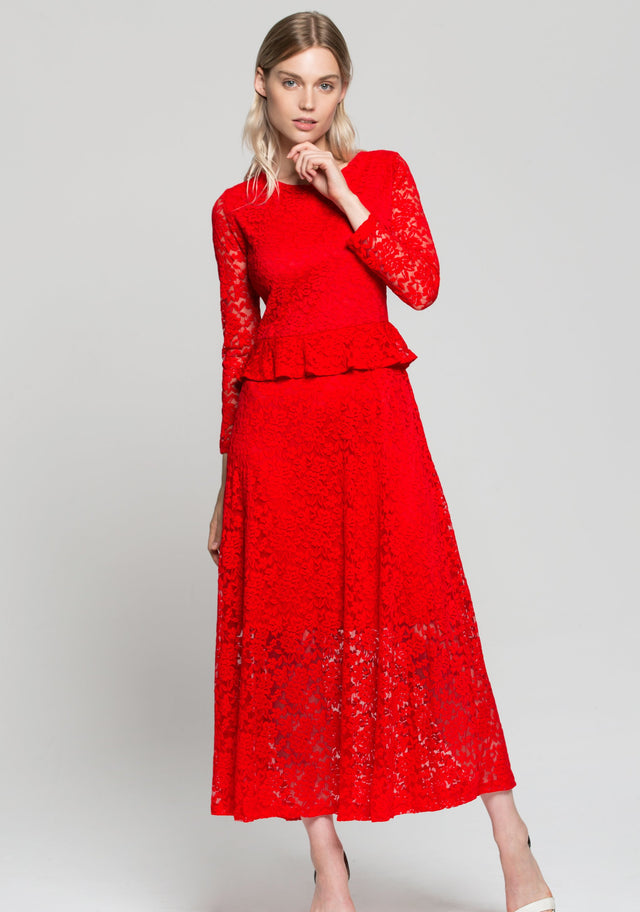Red Floral Lace Peplum Maxi Dress - ownthelooks-Development