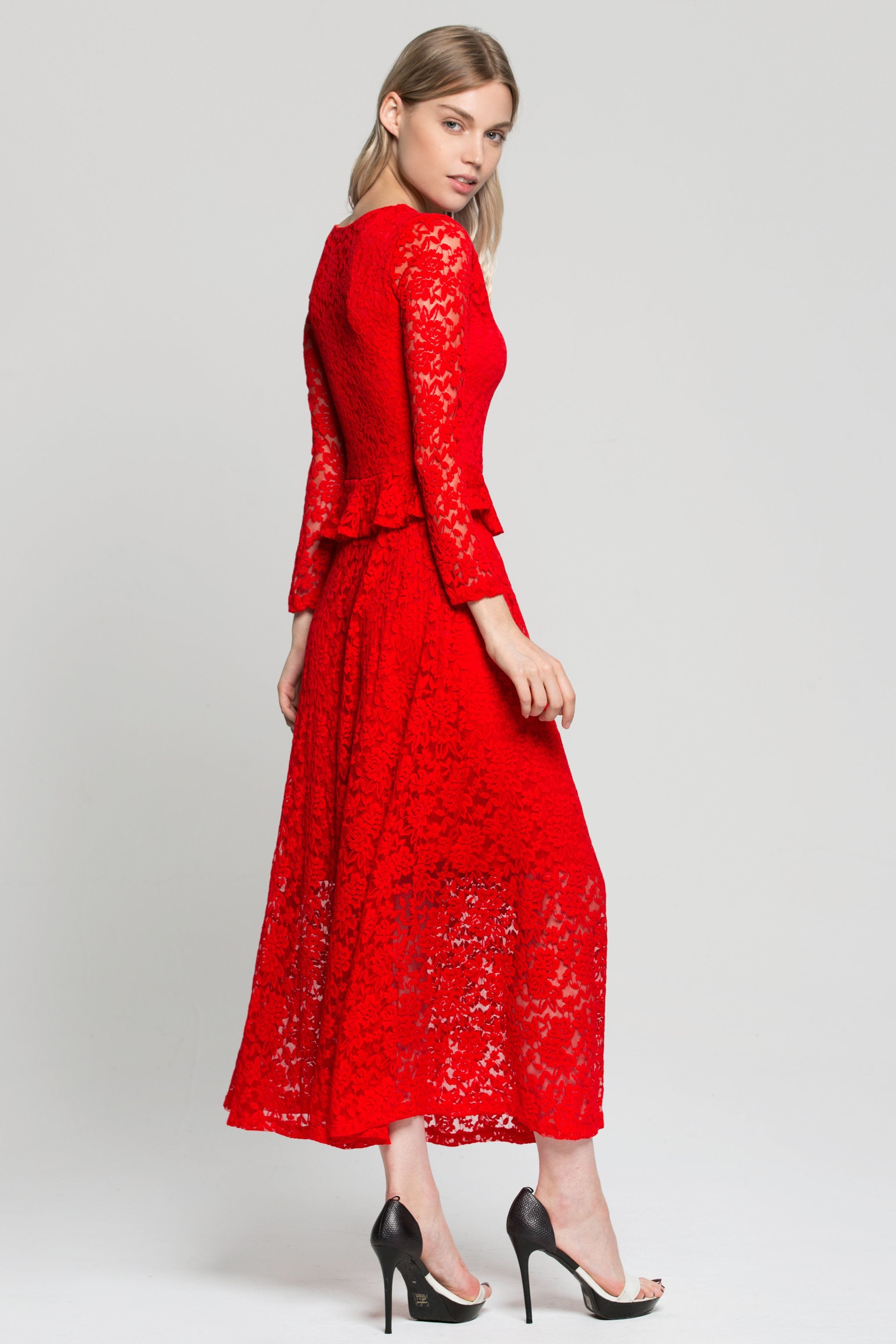 Red Floral Lace Peplum Maxi Dress - ownthelooks-Development