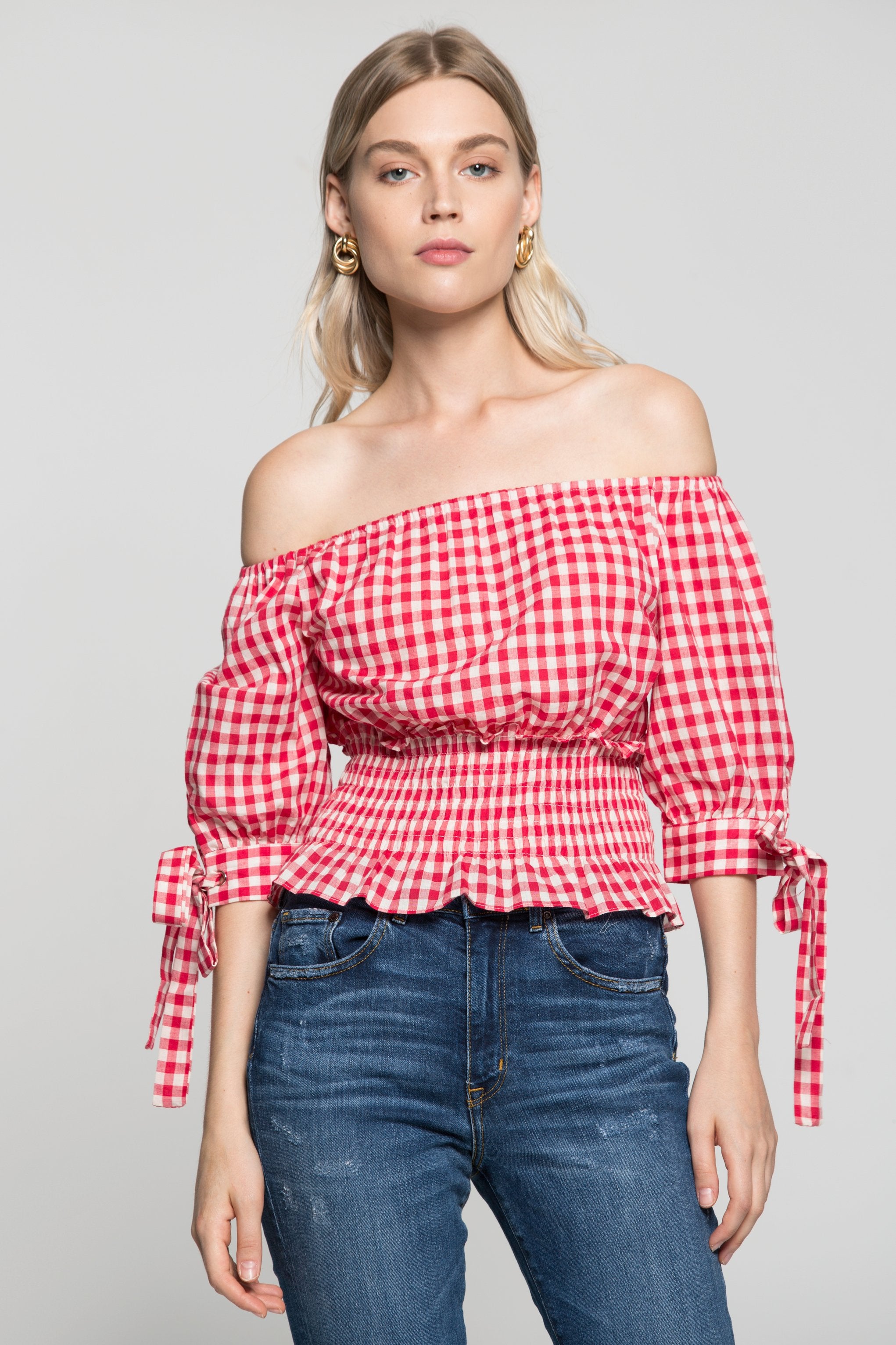 Red and White Smocked Waist Gingham Top - ownthelooks-Development