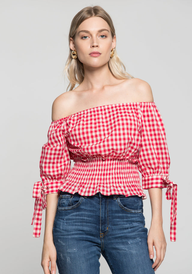 Red and White Smocked Waist Gingham Top - ownthelooks-Development