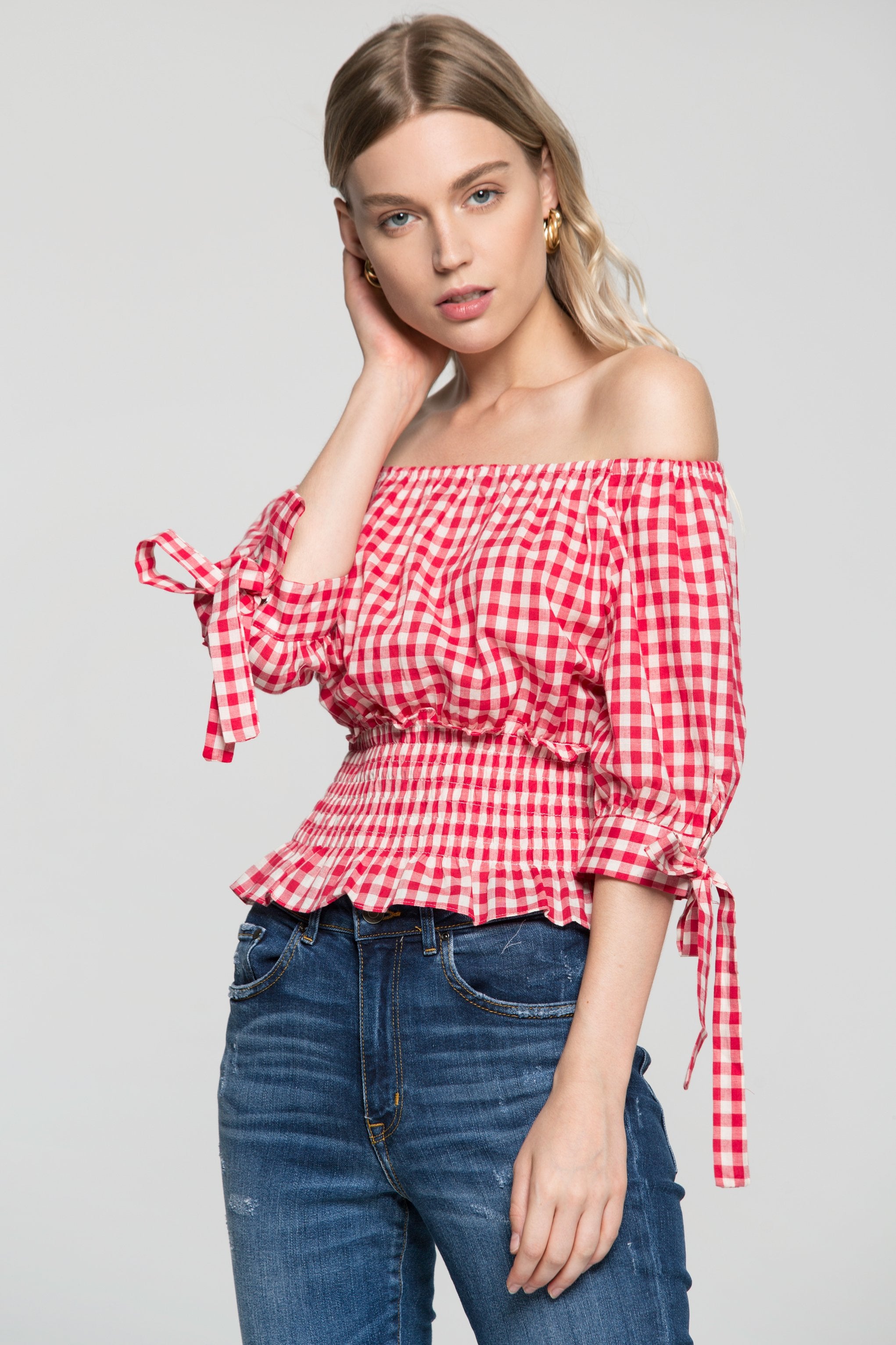 Red and White Smocked Waist Gingham Top - ownthelooks-Development