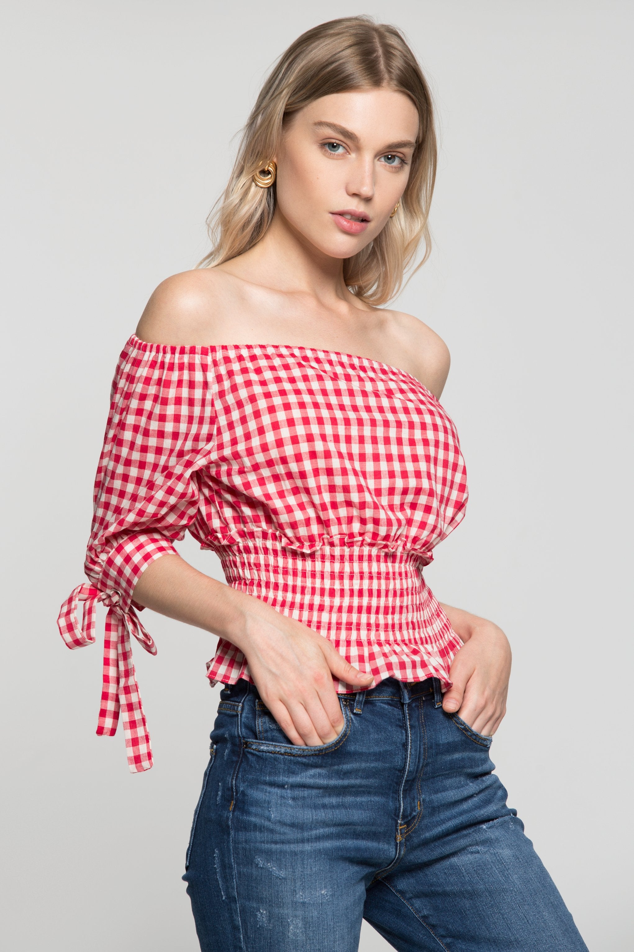 Red and White Smocked Waist Gingham Top - ownthelooks-Development