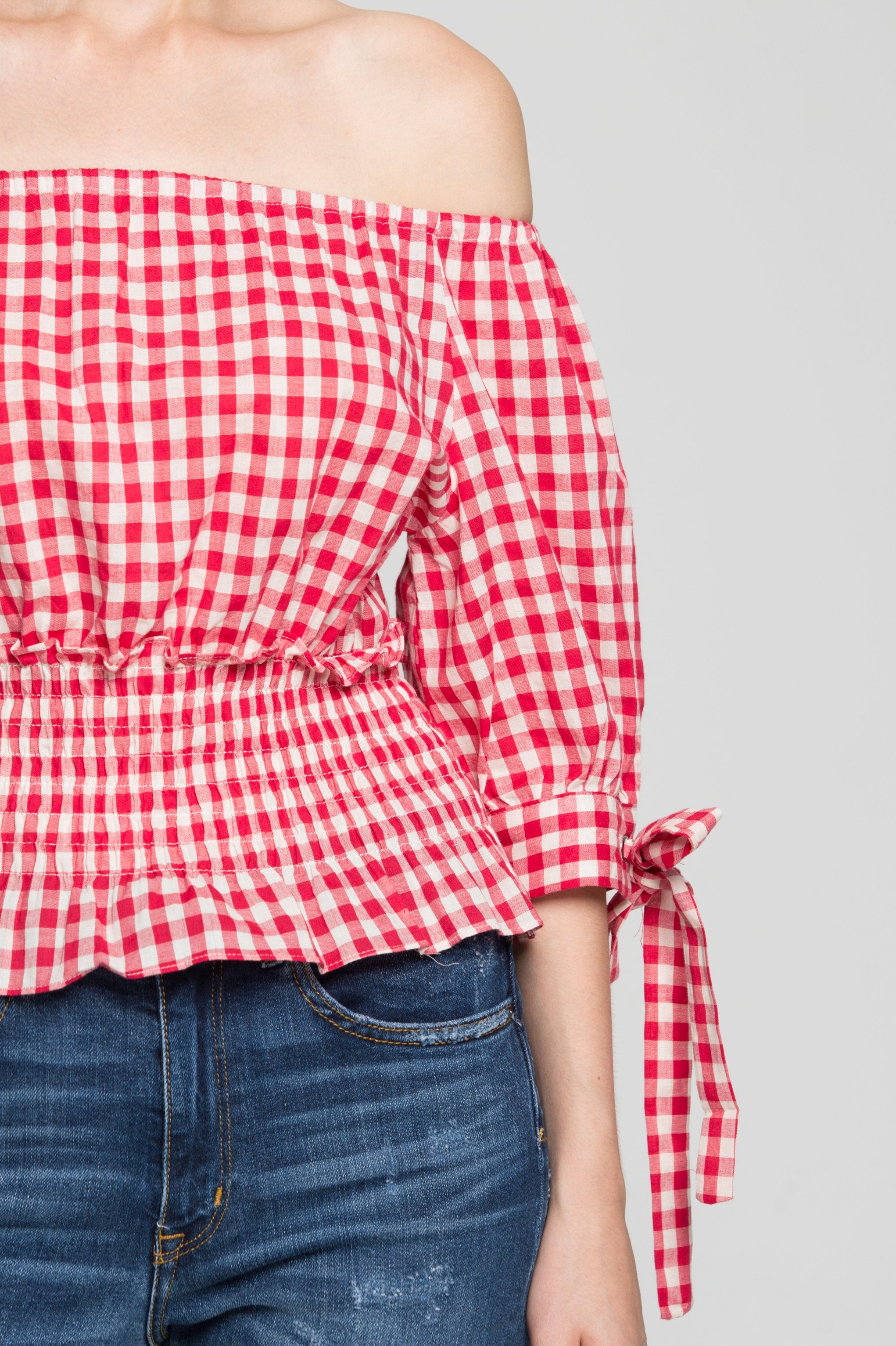 Red and White Smocked Waist Gingham Top - ownthelooks-Development