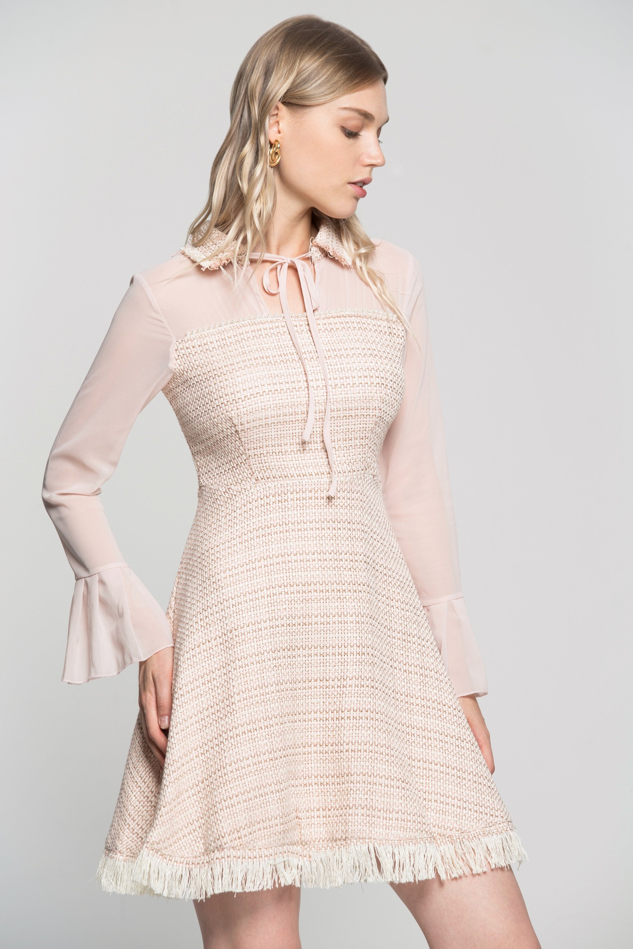 Blush Sheer Sleeves Tie Up Collar Tweed Dress - ownthelooks-Development