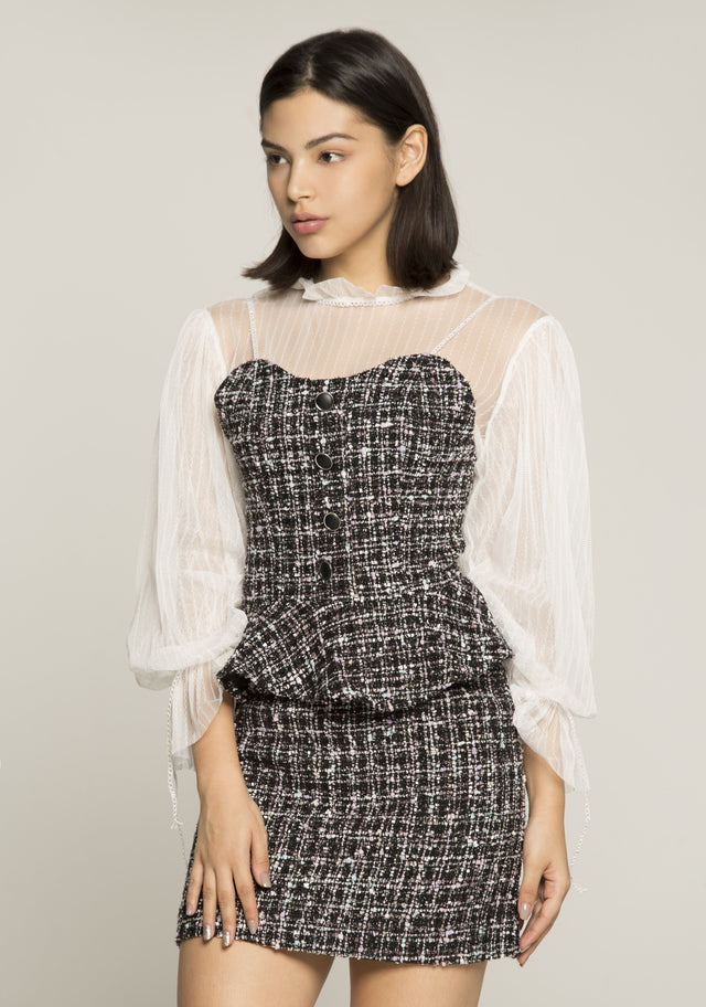 White Sheer Sleeves Tweed Button Up Peplum Top and Skirt - ownthelooks-Development