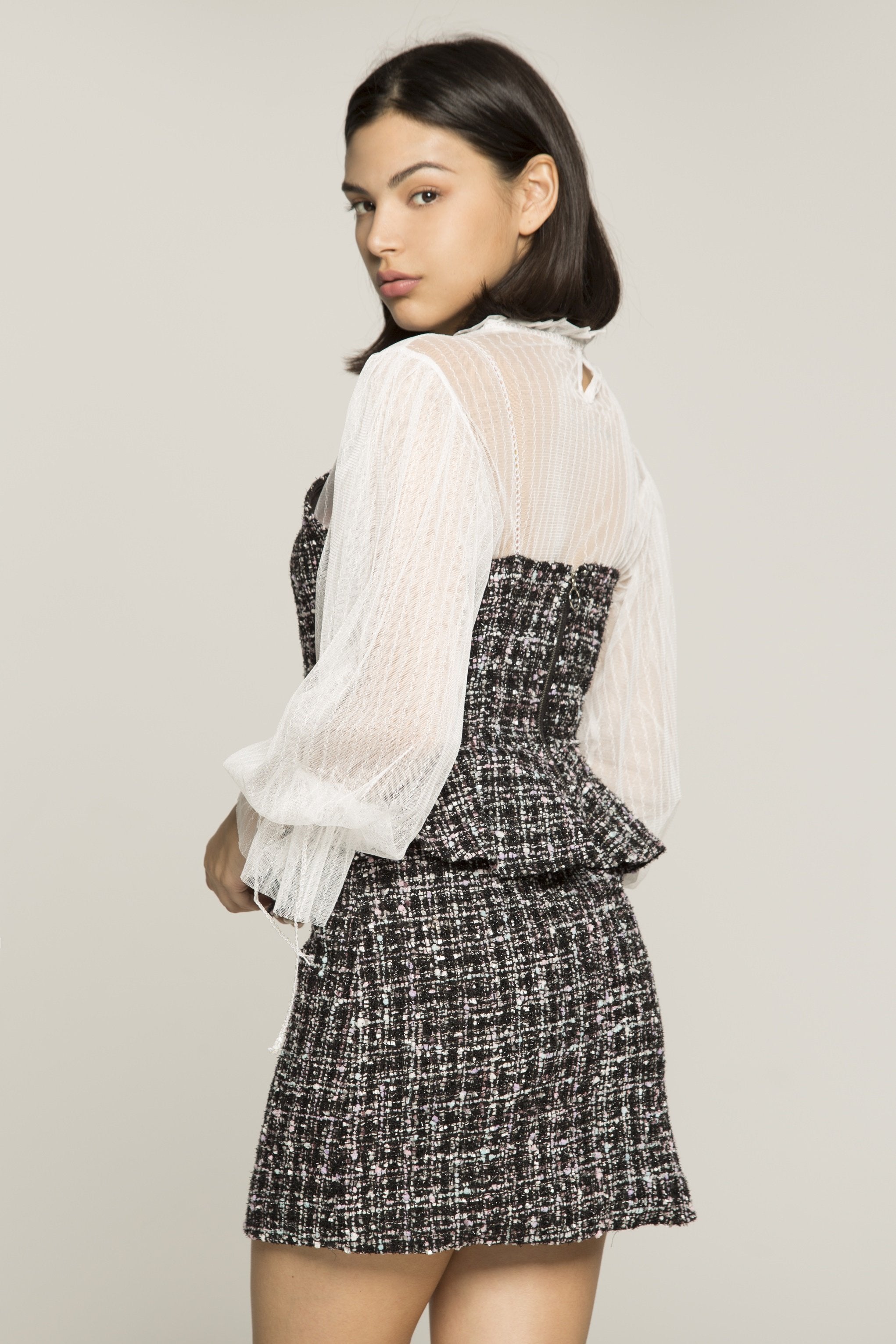 White Sheer Sleeves Tweed Button Up Peplum Top and Skirt - ownthelooks-Development