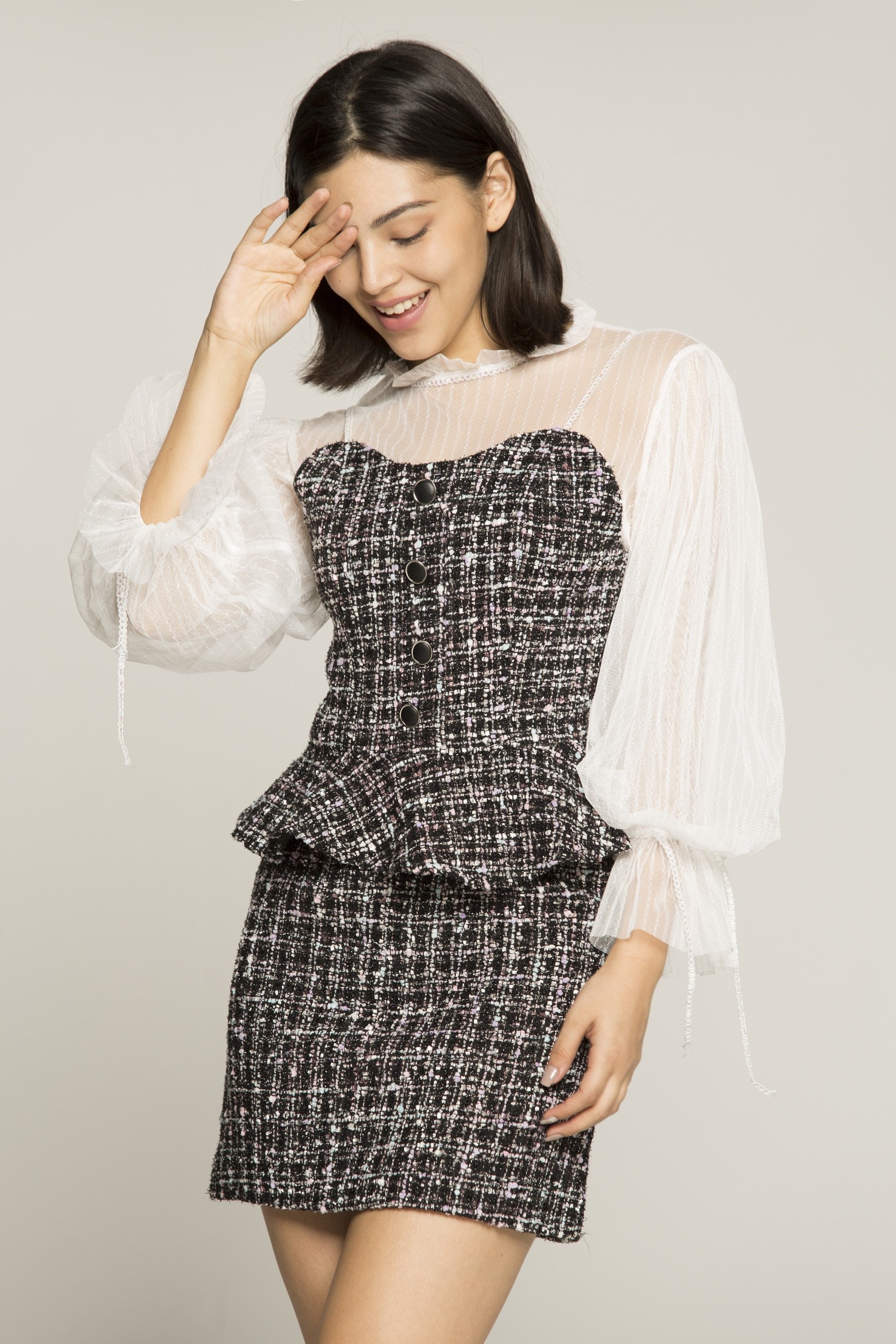 White Sheer Sleeves Tweed Button Up Peplum Top and Skirt - ownthelooks-Development