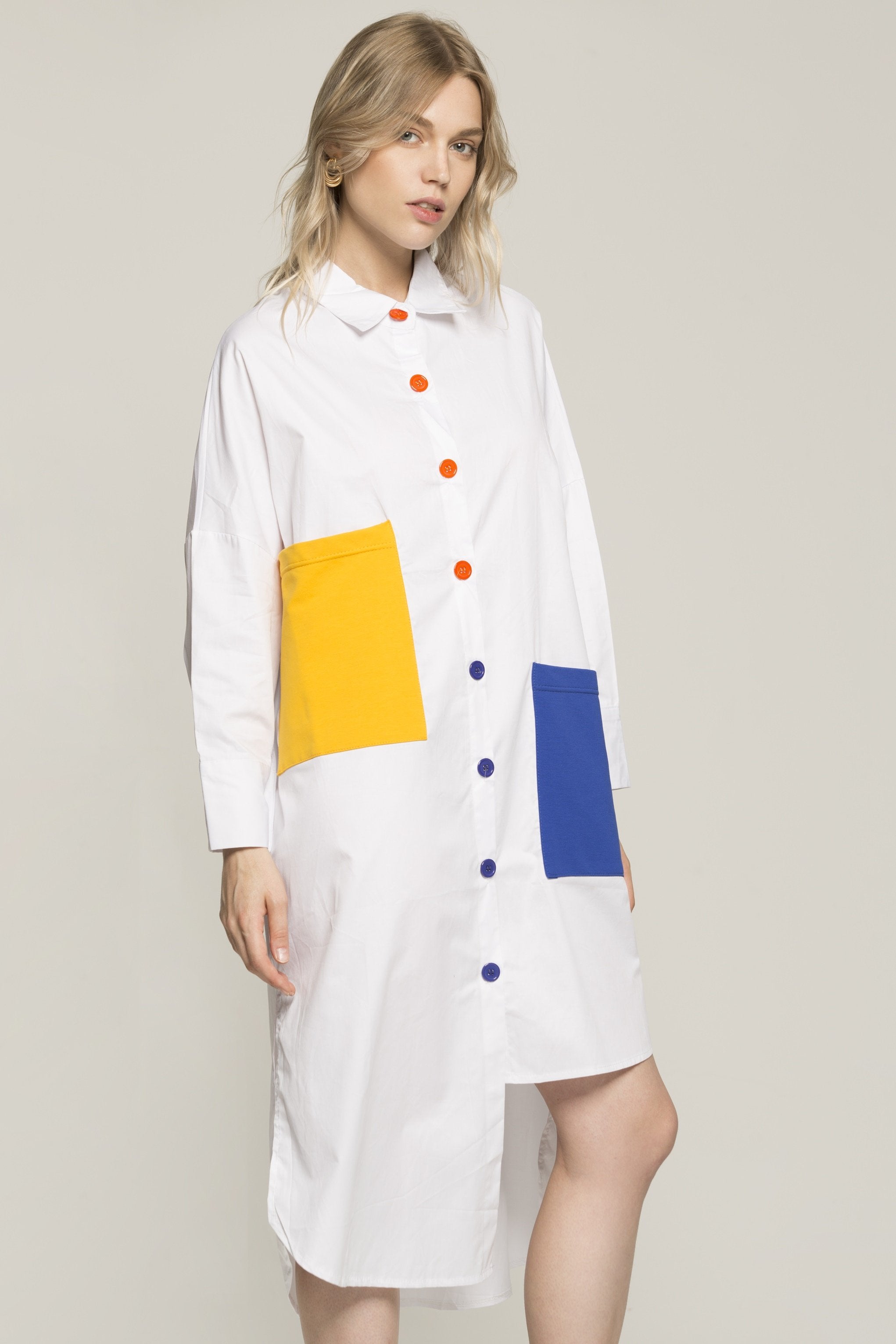 White Solid Asymmetrical Cut Colorful Pockets Long Shirt - ownthelooks-Development