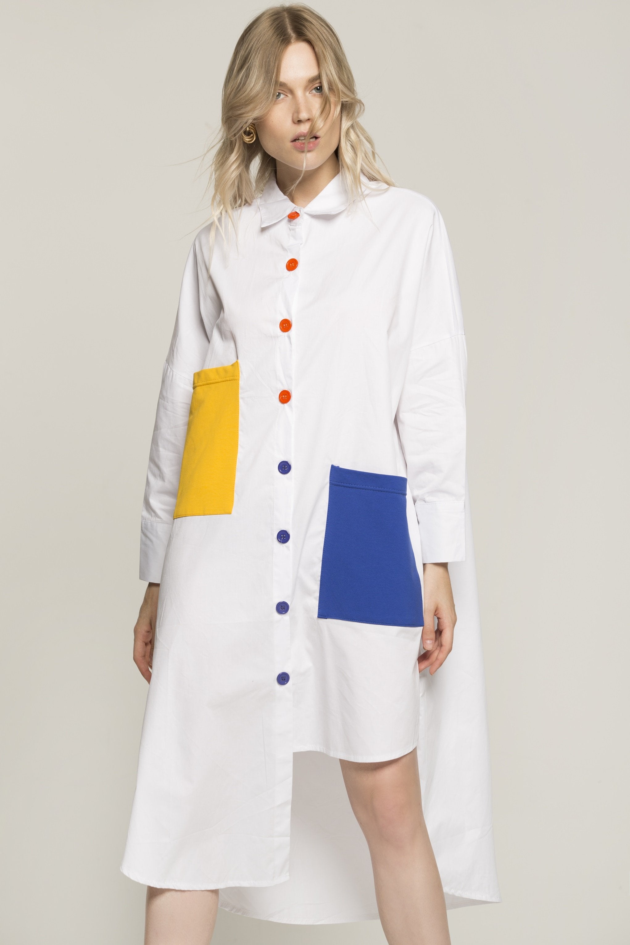 White Solid Asymmetrical Cut Colorful Pockets Long Shirt - ownthelooks-Development
