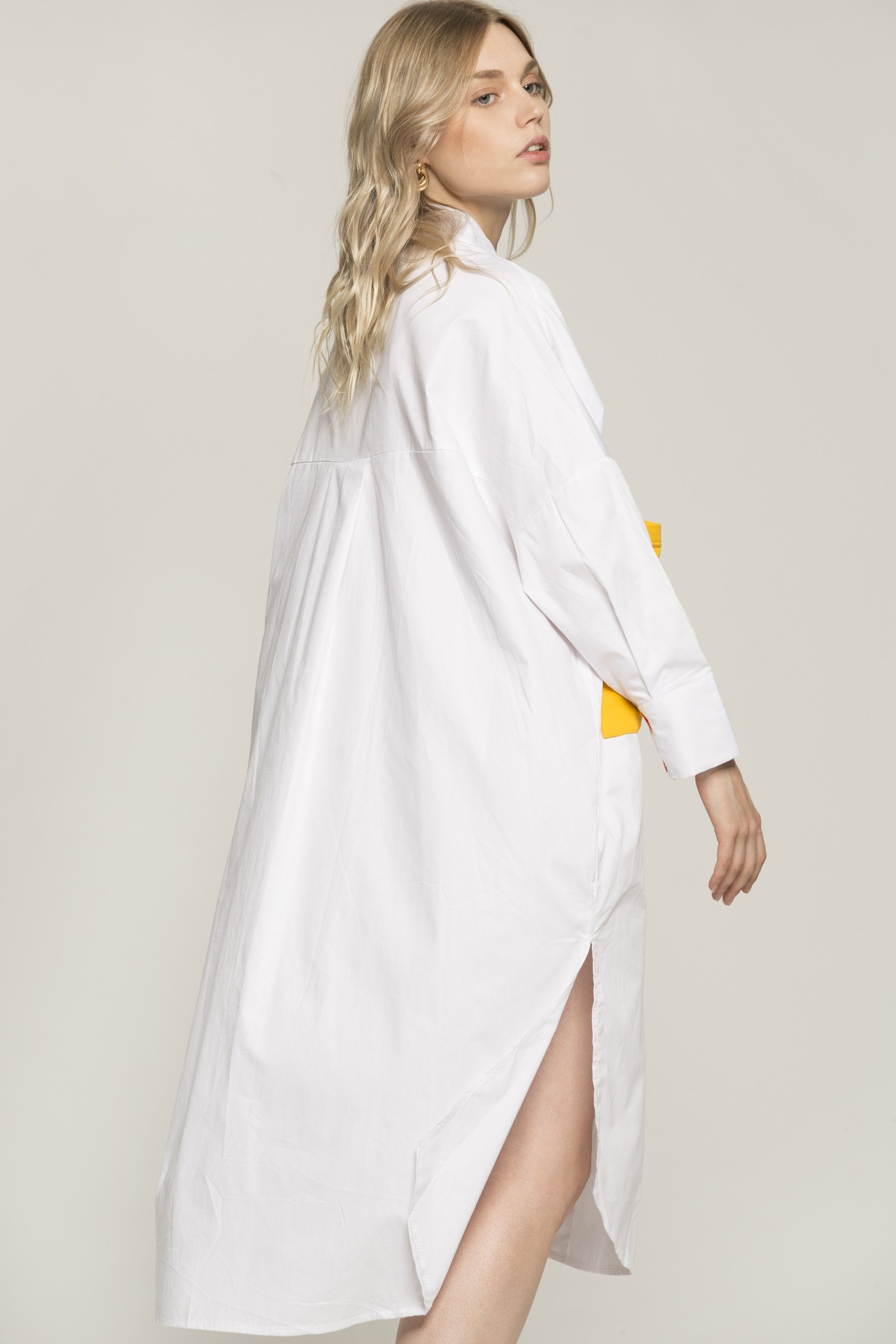 White Solid Asymmetrical Cut Colorful Pockets Long Shirt - ownthelooks-Development