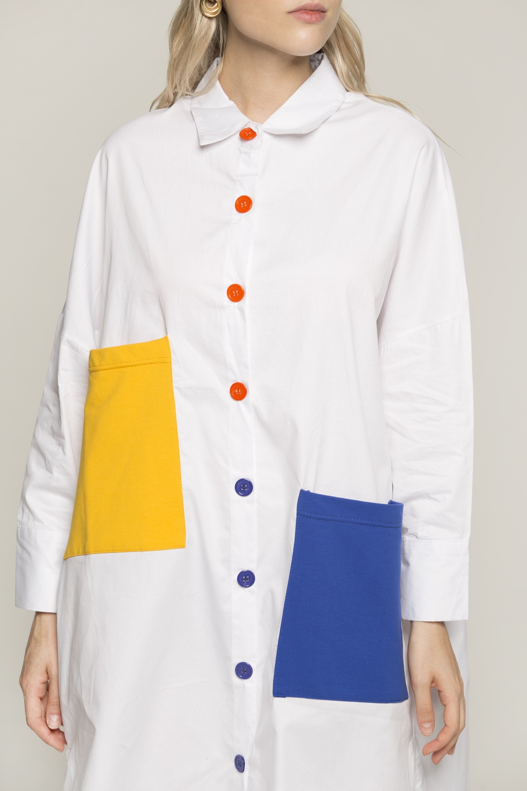White Solid Asymmetrical Cut Colorful Pockets Long Shirt - ownthelooks-Development