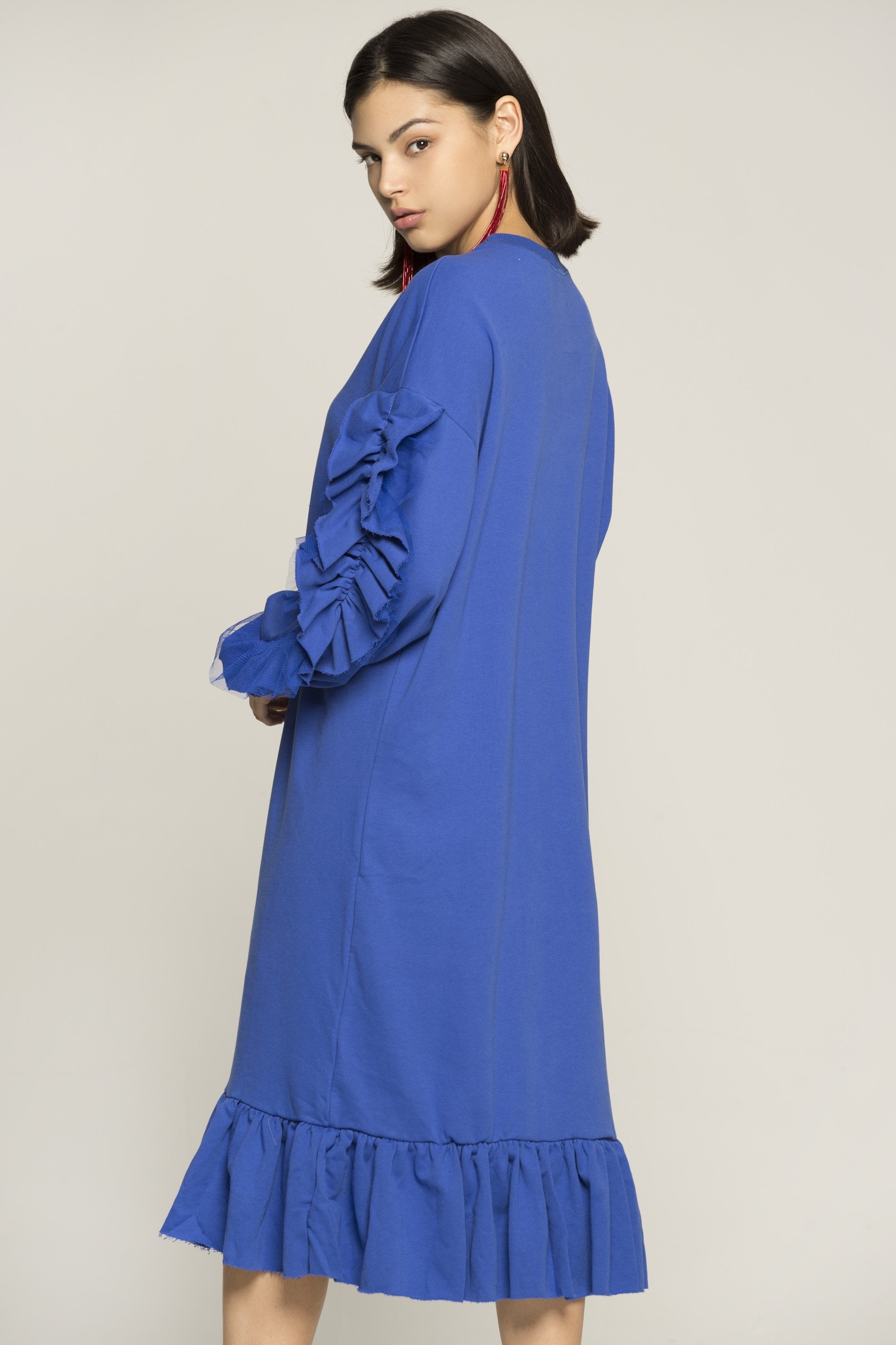 Zaffre Blue Full Sleeves Ruffled Midi Dress - ownthelooks-Development