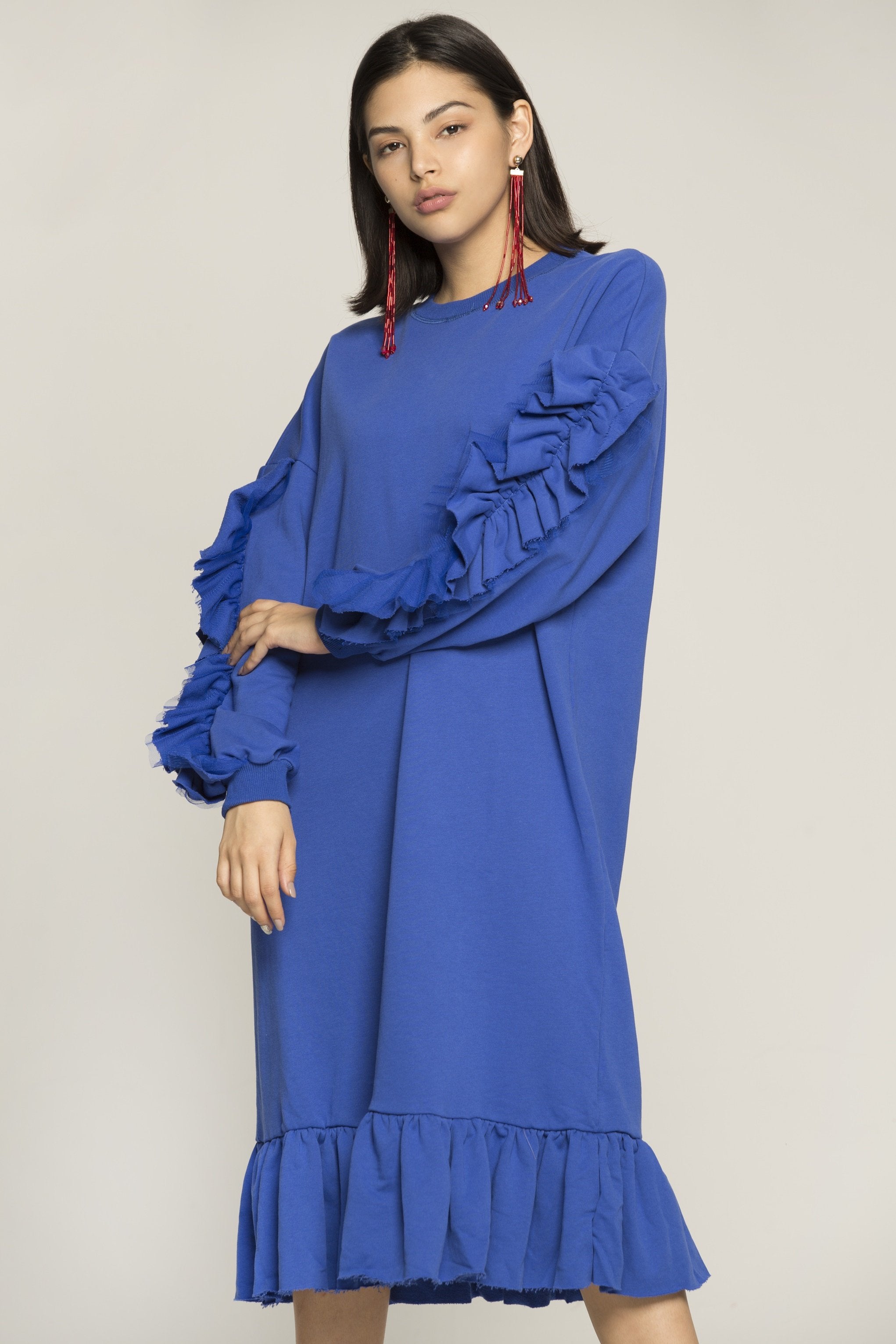 Zaffre Blue Full Sleeves Ruffled Midi Dress - ownthelooks-Development