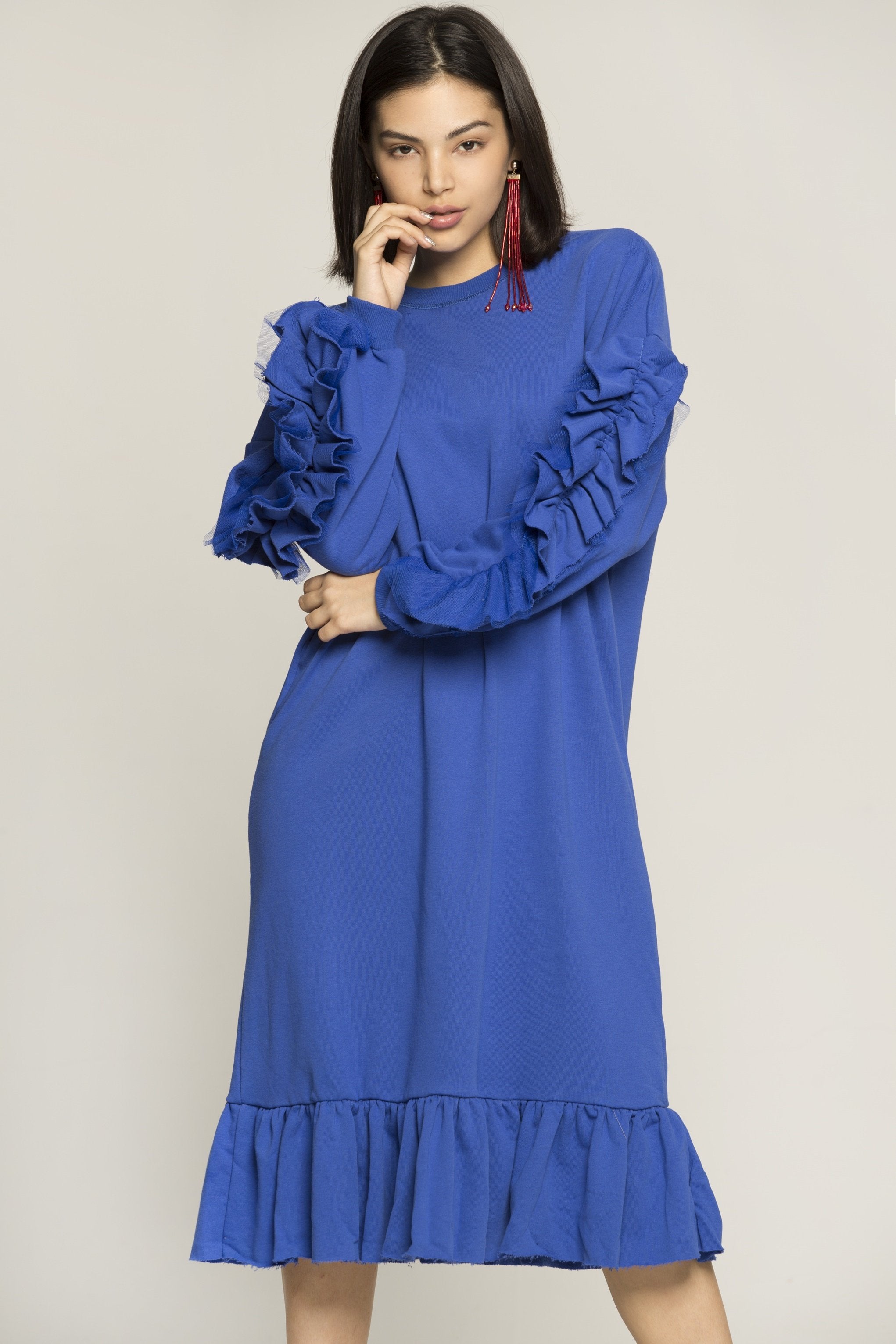 Zaffre Blue Full Sleeves Ruffled Midi Dress - ownthelooks-Development