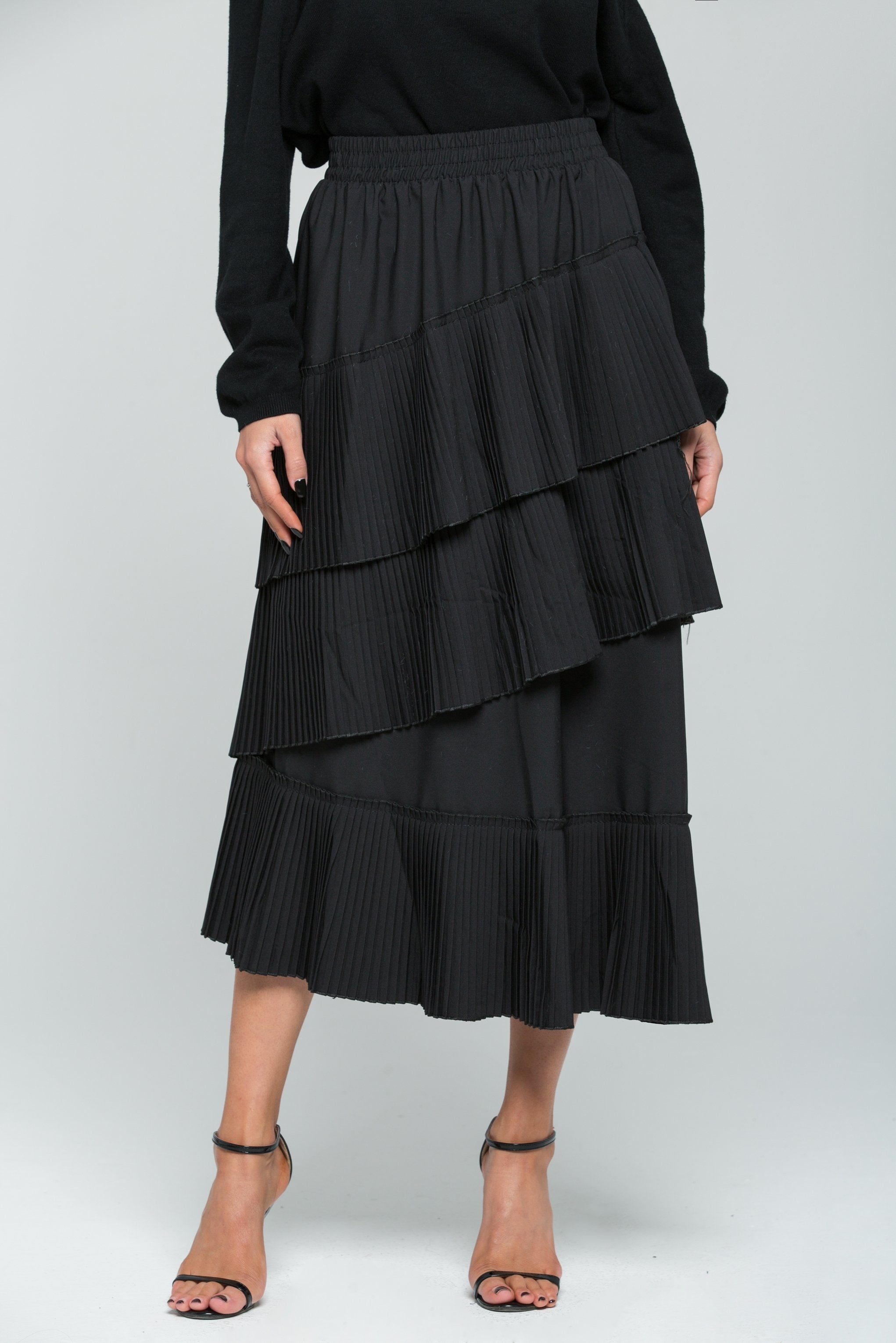 Solid Black Ribbed Tiered Midi Skirt - ownthelooks-Development