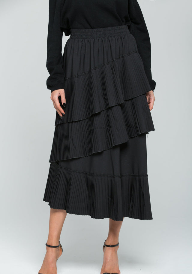 Solid Black Ribbed Tiered Midi Skirt - ownthelooks-Development