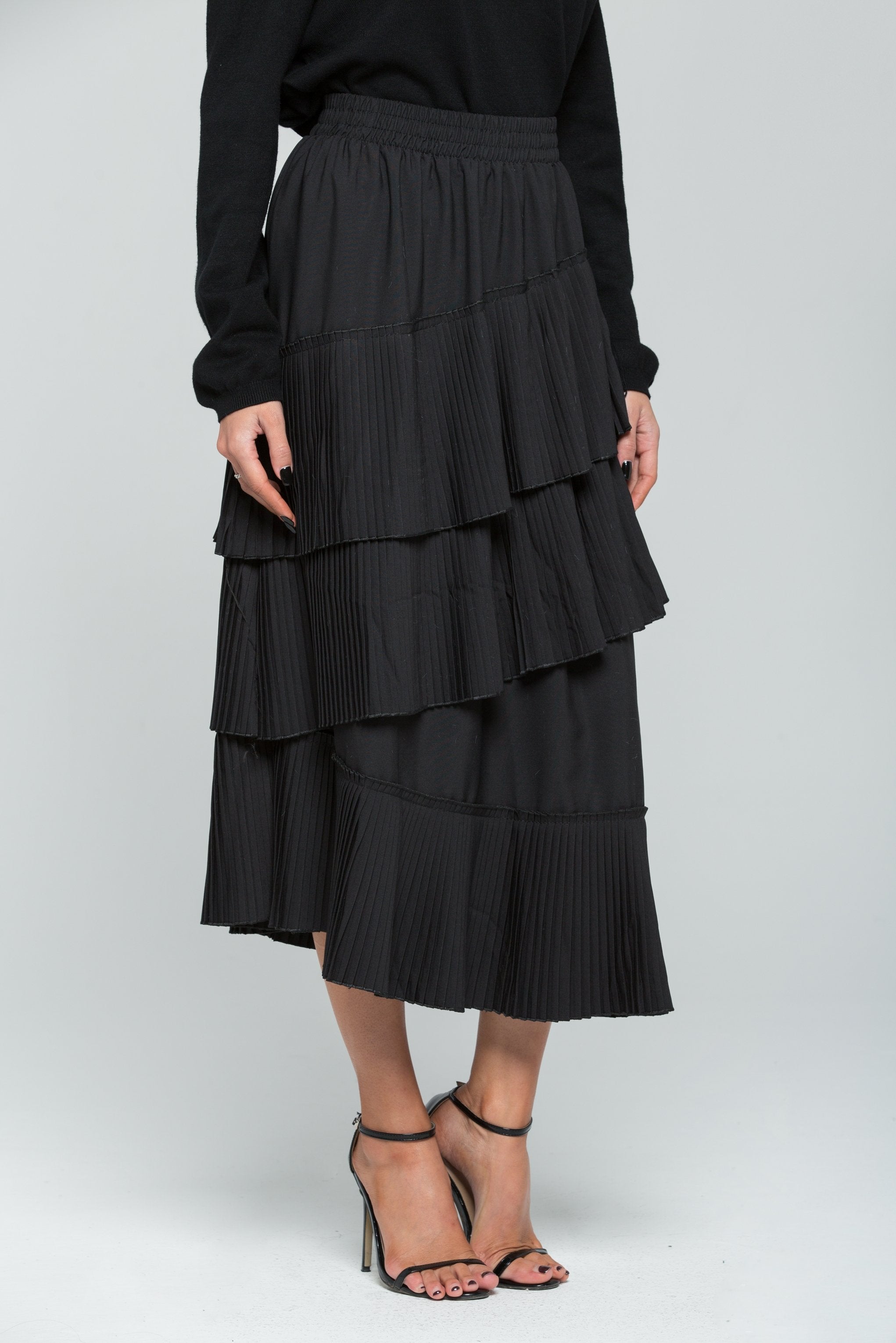 Solid Black Ribbed Tiered Midi Skirt - ownthelooks-Development